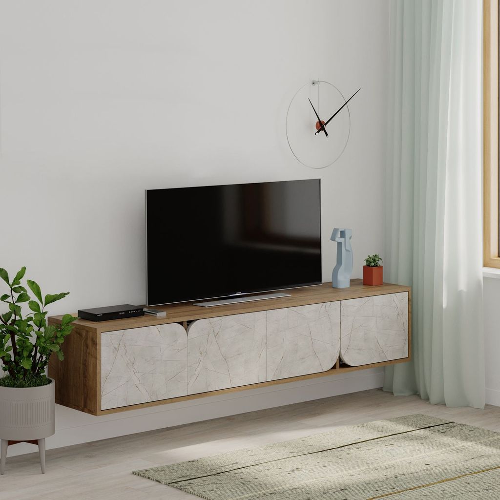 Tv állvány falra akasztós, szürke márvány, tölgyszínű kerettel, 180cm - alpes - butopêa